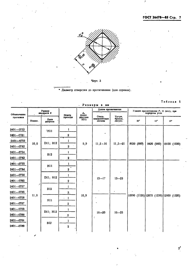 ГОСТ 26478-85 Протяжки для квадратных отверстий со стороной от 10 до 12 мм. Двухпроходные. Конструкция и размеры (фото 9 из 12)