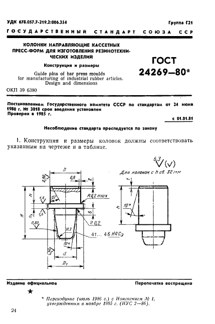 ГОСТ 24269-80 Колонки направляющие кассетных пресс-форм для изготовления резинотехнических изделий. Конструкция и размеры (фото 1 из 7)