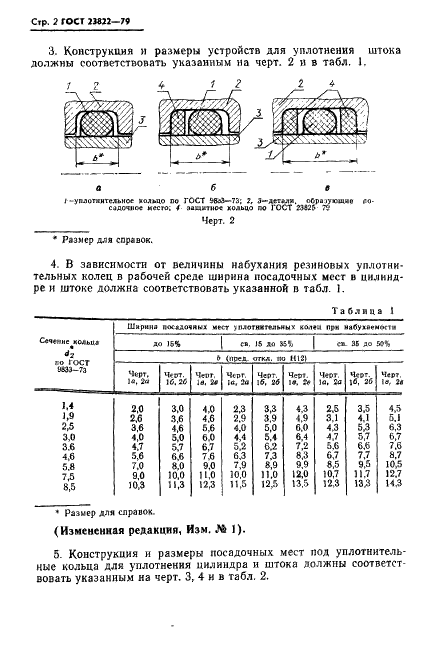 ГОСТ 23822-79 Устройства уплотнительные для радиальных неподвижных и радиальных подвижных соединений с повышенным сжатием колец. Конструкция и размеры (фото 3 из 35)