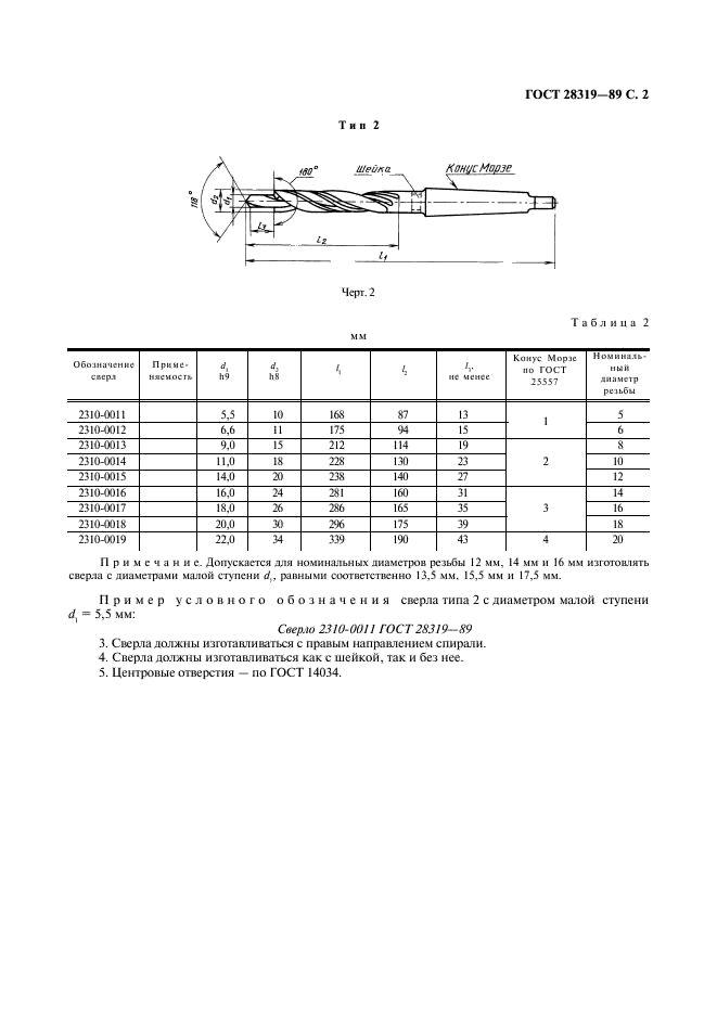 ГОСТ 28319-89 Сверла спиральные ступенчатые для отверстий под винты с цилиндрической головкой. Основные размеры (фото 3 из 4)