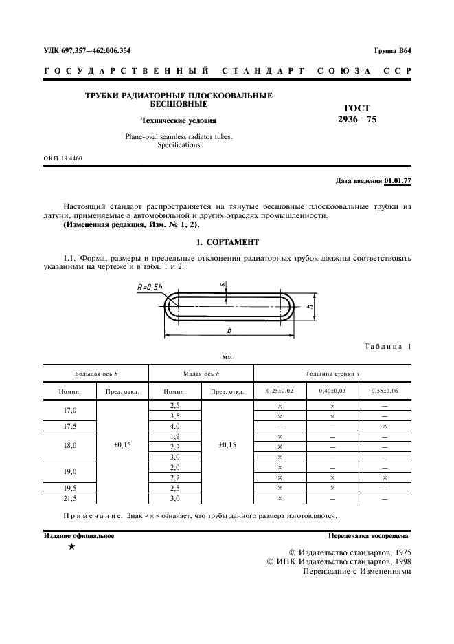 ГОСТ 2936-75 Трубки радиаторные плоскоовальные бесшовные. Технические условия (фото 2 из 7)