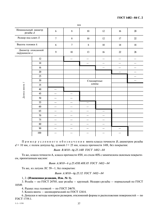 ГОСТ 1482-84 Винты установочные с квадратной головкой и цилиндрическим концом классов точности А и В. Конструкция и размеры (фото 2 из 5)