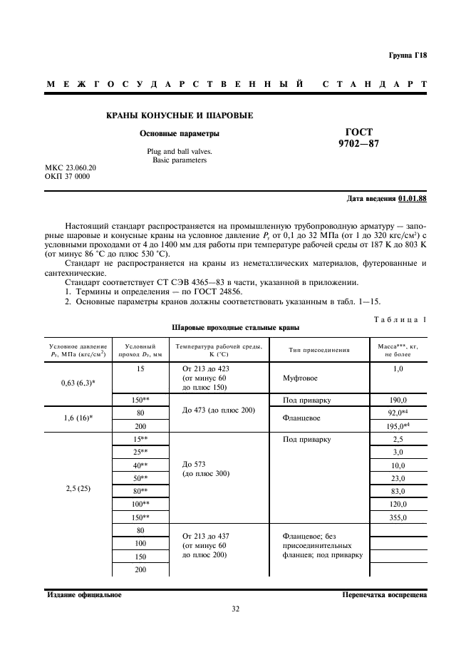 ГОСТ 9702-87 Краны конусные и шаровые. Основные параметры (фото 1 из 11)