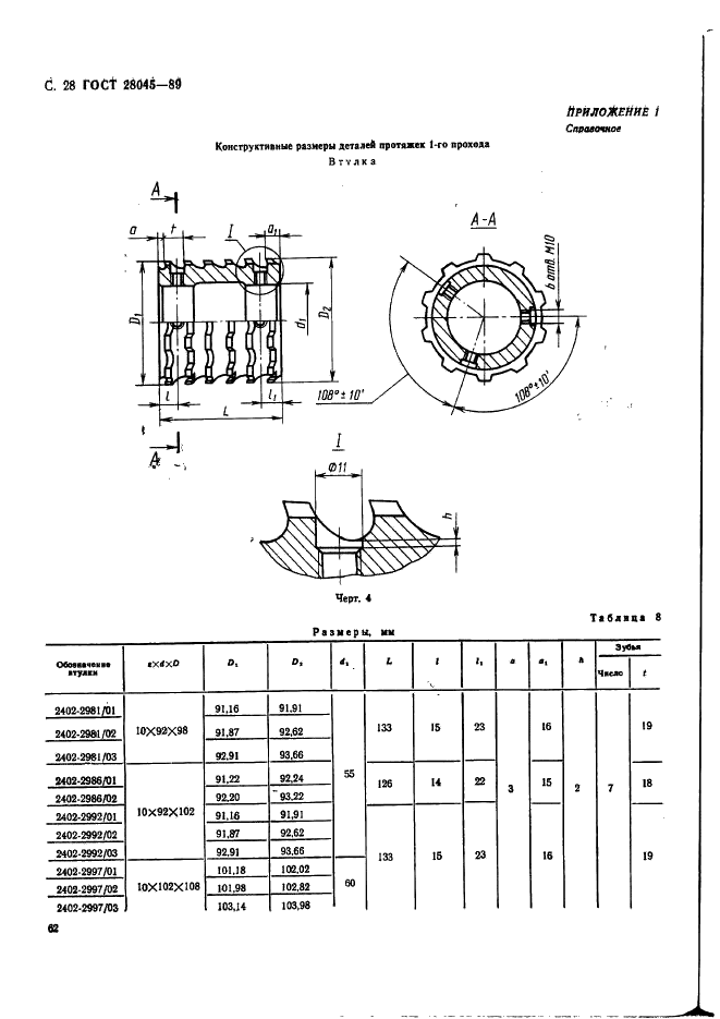 ГОСТ 28045-89 Протяжки сборные для десятишлицевых отверстий с прямобочным профилем с центрированием по внутреннему диаметру комбинированные переменного резания двухпроходные. Конструкция (фото 28 из 53)