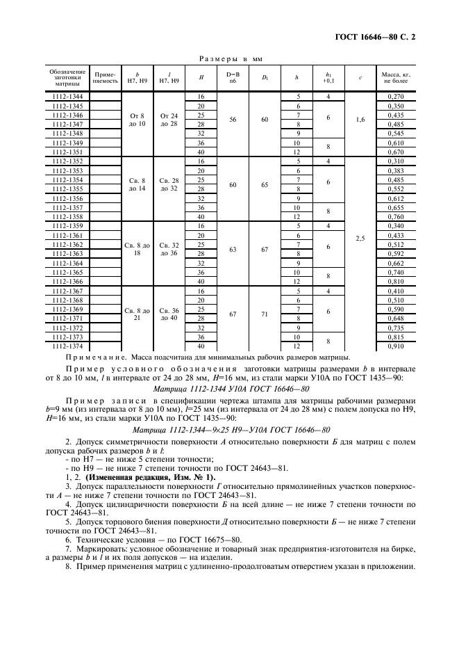 ГОСТ 16646-80 Матрицы с удлиненно-продолговатым отверстием. Конструкция и размеры (фото 3 из 4)