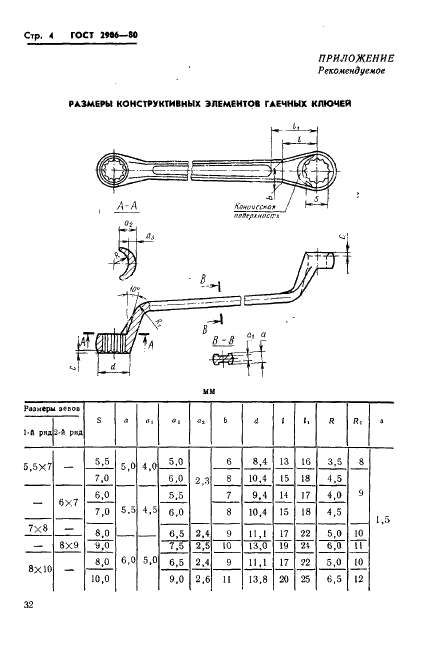 ГОСТ 2906-80 Ключи гаечные кольцевые двусторонние коленчатые. Конструкция и размеры (фото 4 из 7)
