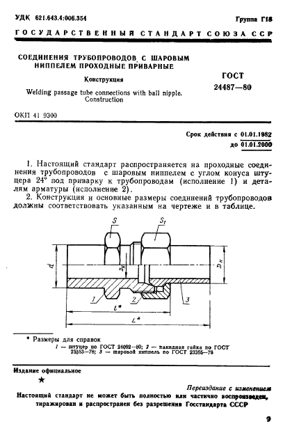 ГОСТ 24487-80 Соединения трубопроводов с шаровым ниппелем проходные приварные. Конструкция (фото 1 из 4)