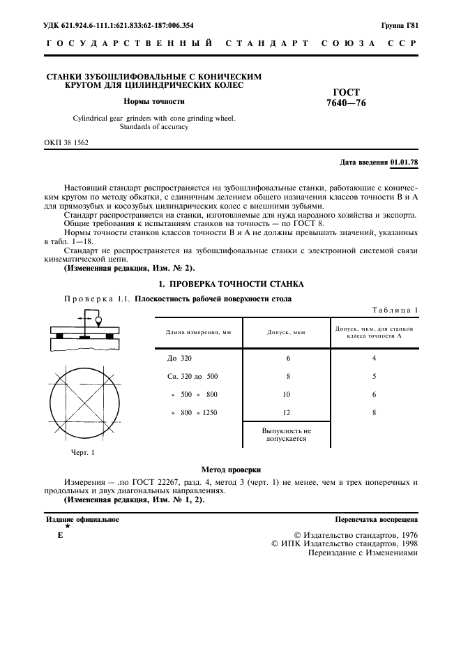 ГОСТ 7640-76 Станки зубошлифовальные с коническим кругом для цилиндрических колес. Нормы точности (фото 2 из 11)