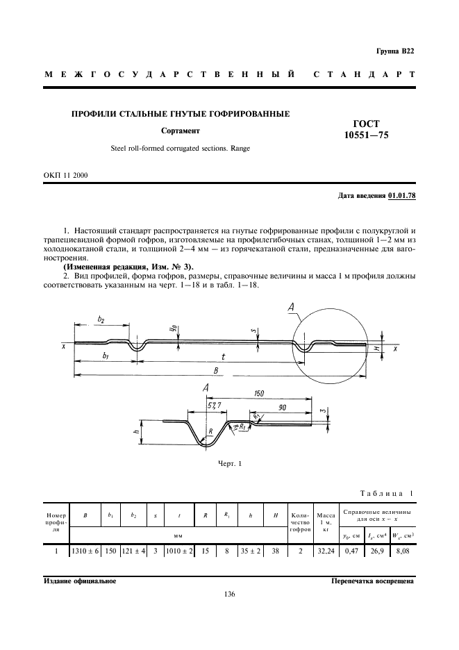 ГОСТ 10551-75 Профили стальные гнутые гофрированные. Сортамент (фото 1 из 11)