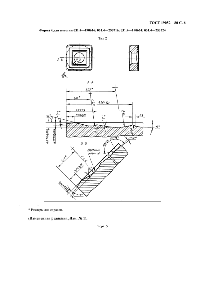 ГОСТ 19052-80 Пластины режущие сменные многогранные твердосплавные квадратной формы с отверстием и стружколомающими канавками на одной стороне. Конструкция и размеры (фото 7 из 10)