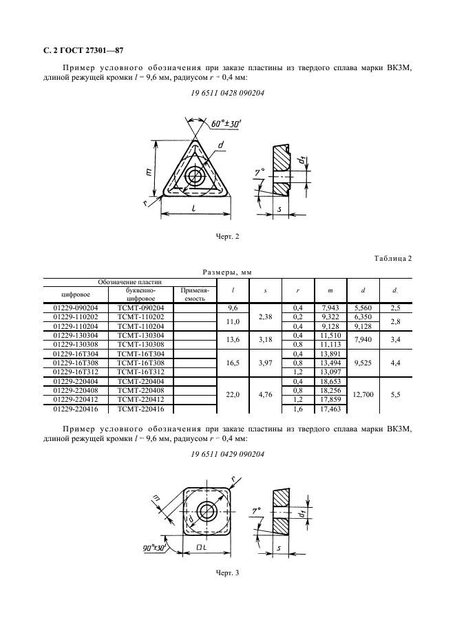 ГОСТ 27301-87 Пластины режущие сменные многогранные твердосплавные с радиусом при вершине с односторонним тороидальным отверстием. Конструкция и размеры (фото 3 из 12)