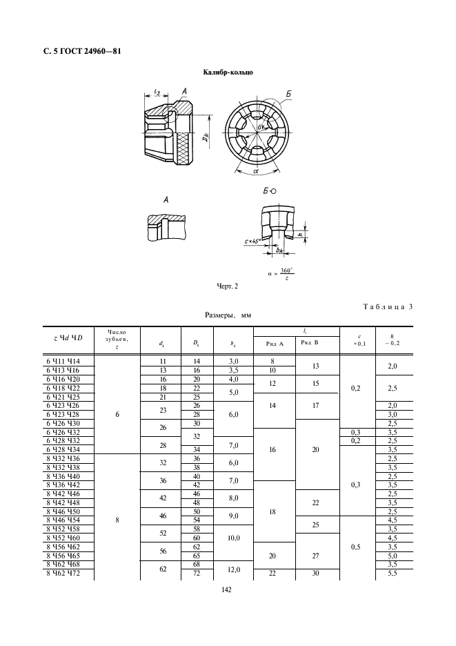 ГОСТ 24960-81 Калибры комплексные для контроля шлицевых прямобочных соединений. Виды, основные размеры (фото 5 из 26)