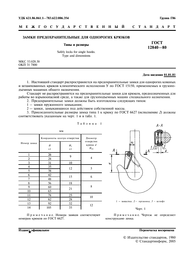 ГОСТ 12840-80 Замки предохранительные для однорогих крюков. Типы и размеры (фото 2 из 11)