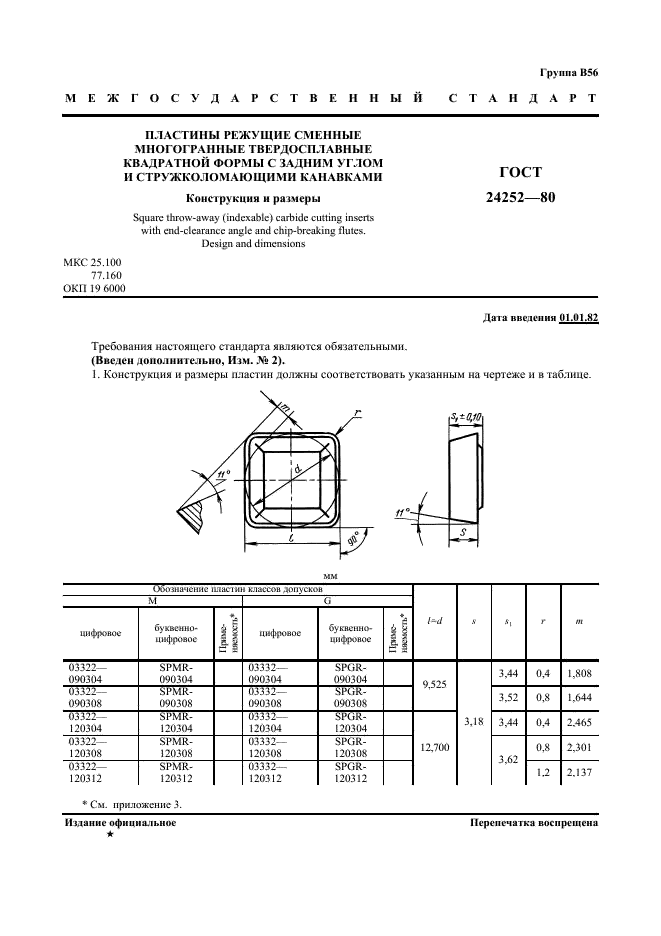 ГОСТ 24252-80 Пластины режущие сменные многогранные твердосплавные квадратной формы с задним углом и стружколомающими канавками. Конструкция и размеры (фото 2 из 6)