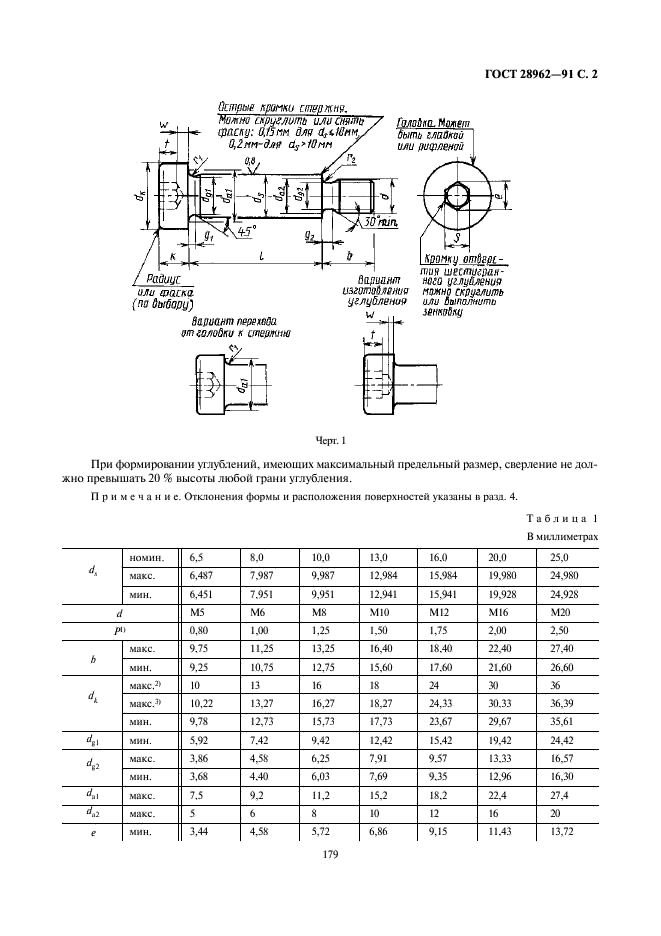 ГОСТ 28962-91 Винты с внутренним шестигранником в головке и утолщенным стержнем. Технические условия (фото 2 из 6)
