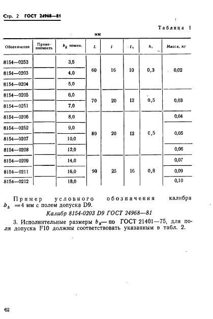 ГОСТ 24968-81 Калибры пазовые для размеров свыше 3 до 18 мм. Конструкция и размеры (фото 2 из 5)