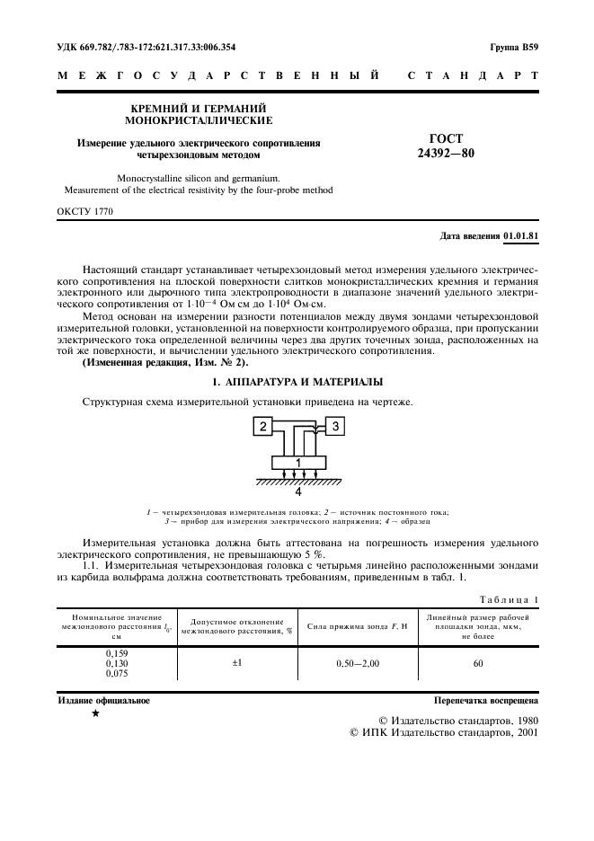 ГОСТ 24392-80 Кремний и германий монокристаллические. Измерение удельного электрического сопротивления четырехзондовым методом (фото 2 из 7)