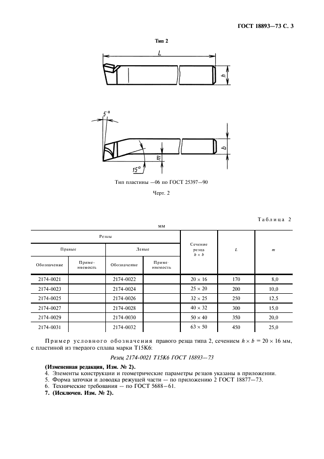 ГОСТ 18893-73 Резцы строгальные подрезные с пластинами из твердого сплава. Конструкция и размеры (фото 4 из 7)