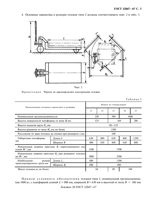ГОСТ 12847-67 Тележки грузовые с подъемными устройствами. Типы, основные параметры и размеры (фото 4 из 8)