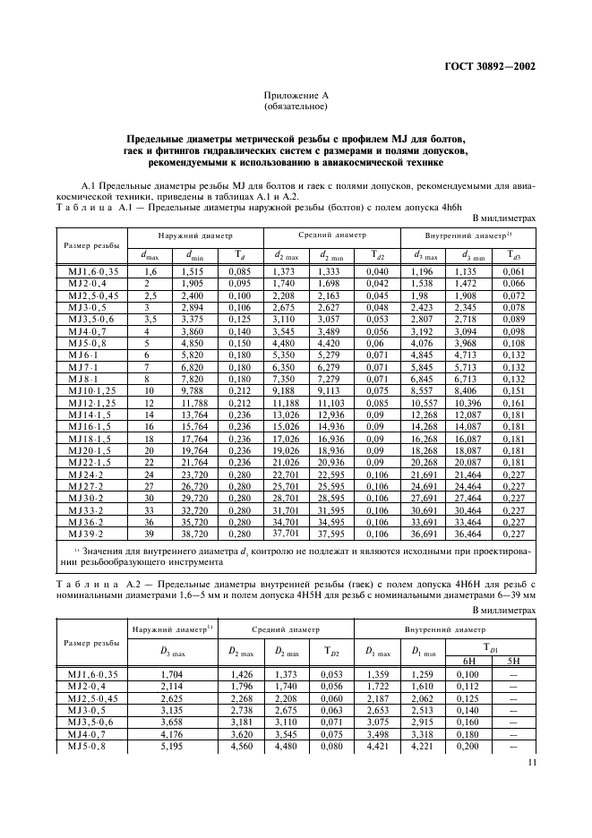 ГОСТ 30892-2002 Основные нормы взаимозаменяемости. Резьба метрическая с профилем MJ. Профиль, диаметры и шаги, допуски (фото 14 из 18)