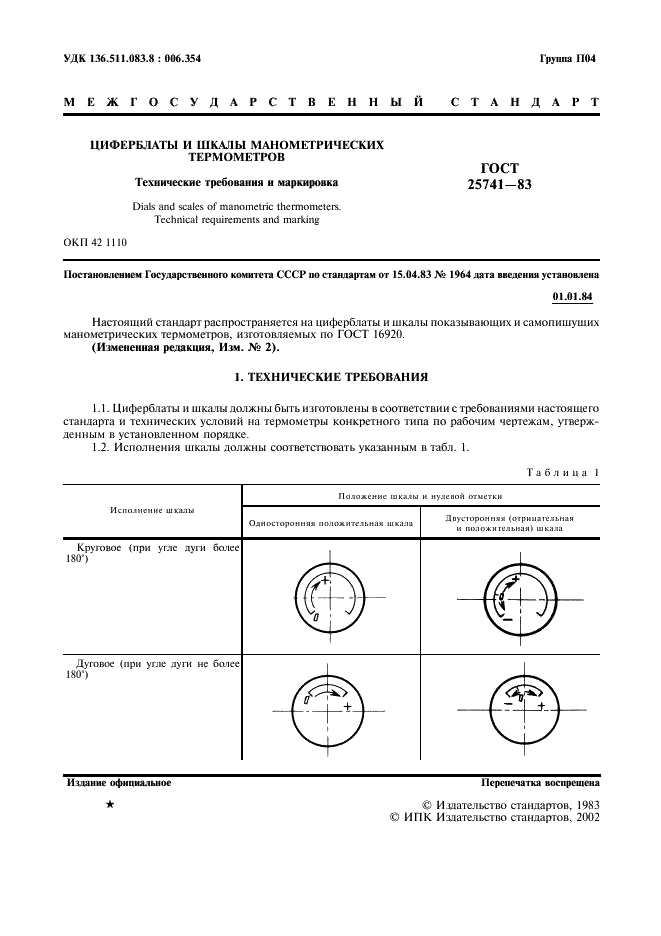 ГОСТ 25741-83 Циферблаты и шкалы манометрических термометров. Технические требования и маркировка (фото 2 из 8)